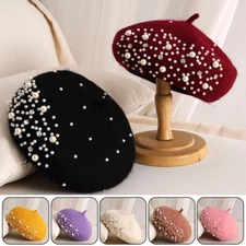 Women Fancy Pearl Rhinestone Wool Beret Cap French Girls Warm Beanies Hat Chic