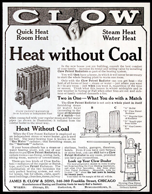 1909 Antique CLOW Fancy RADIATORS Home Heating w/o Coal Vtg PRINT AD | eBay