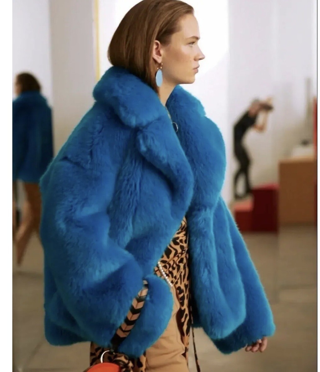 S M DVF Diane von Furstenberg OVERSIZED Blue Faux Fur Jacket