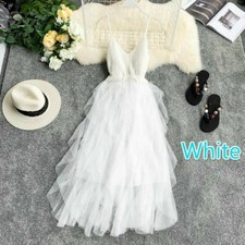 Lady Lolita Ruffle Mesh Dress V Neck Knit Cami Tulle Elastic Fairy Prom Gown