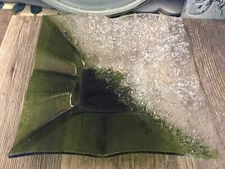 Overshot Art Glass Style Olive Green White Square Dish 7.5" diagonally split 