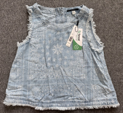 Tahari Top XS NWT $58 Ivory Bandana Print Tencel Button Back Denim 16x19