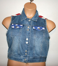Womens L.e.i Patriotic Stars Stripe Sleeveless Vest Jean Blue Denim Jacket Med M