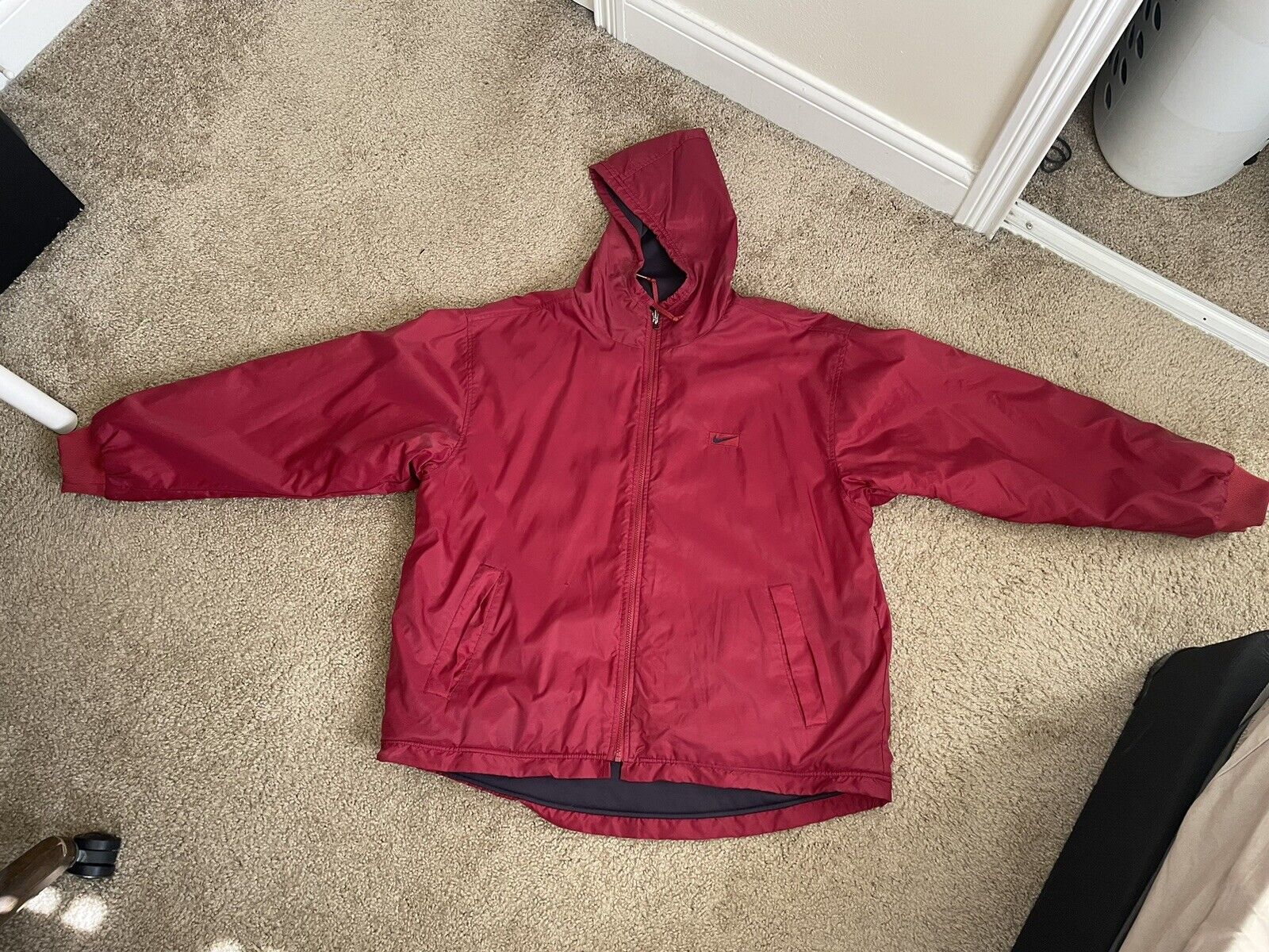 Vintage Nike XXL Reversible Jacket Coat Nylon Fleece Hooded Red Grey