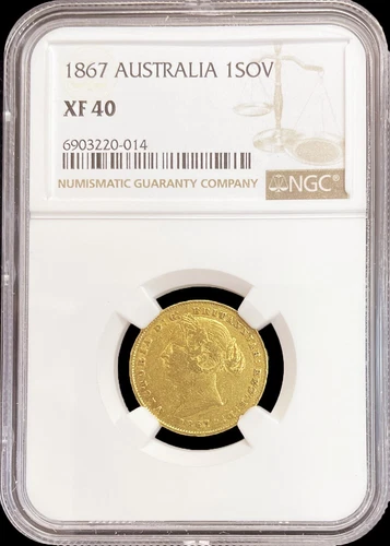 1867 GOLD AUSTRALIA SYDNEY MINT SOVEREIGN YOUNG HEAD SYDNEY MINT NGC XF 40
