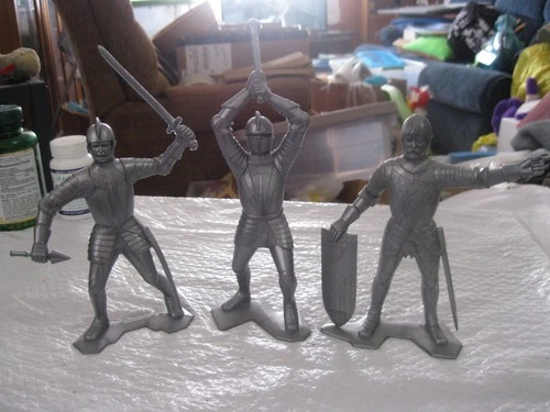 THREE MARX TOYS SILVER KNIGHTS 6" HIGH VINYL PLAYSET FIGURES