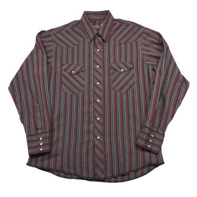 Wrangler Western Shirt Mens Large 16-16.5 Red Black Striped Pearl Snap Vintage