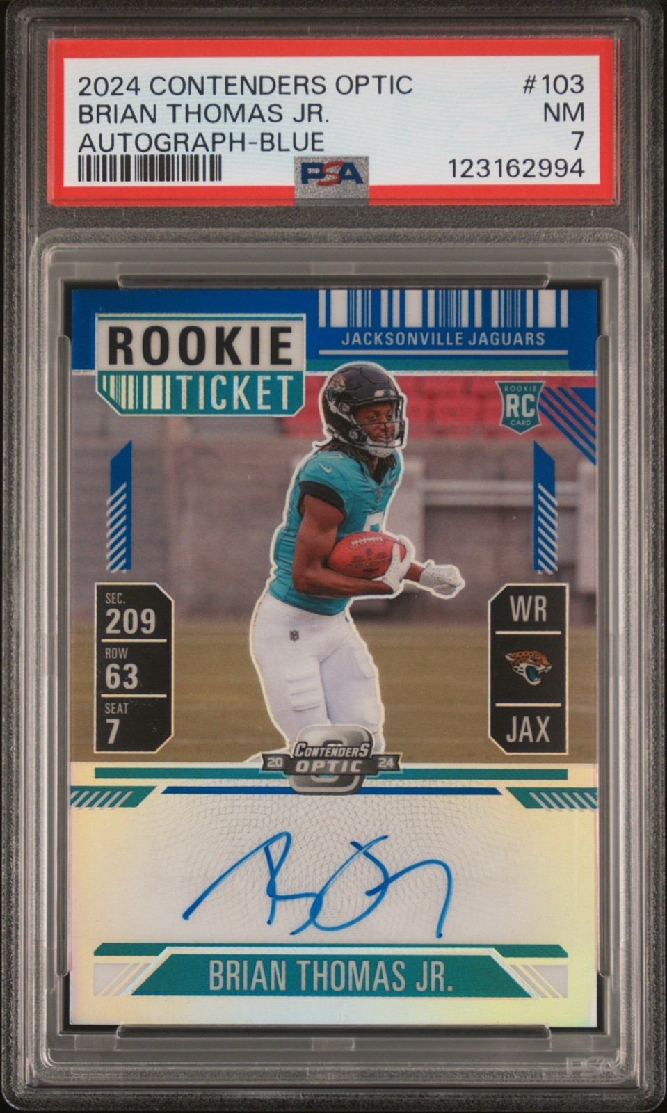 2024 Contenders Optic Rookie Ticket Brian Thomas Jr Blue Prizm Auto /75