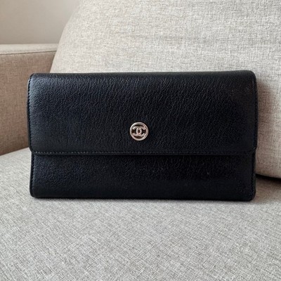CHANEL Logo Leather Tri-fold Wallet Silver CC Snap Long Card Pouch