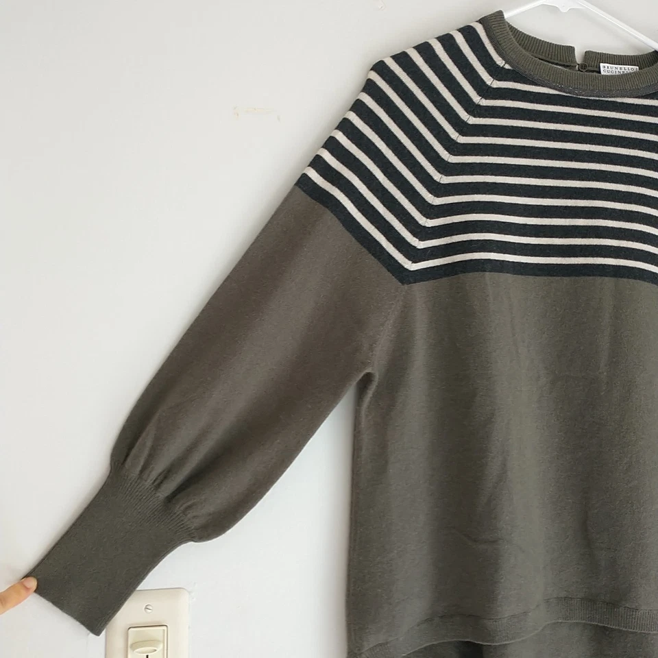 Brunello Cucinelli 毛衣女式 S 绿色灰色条纹羊绒串珠意大利 — 第 2/4 张图片