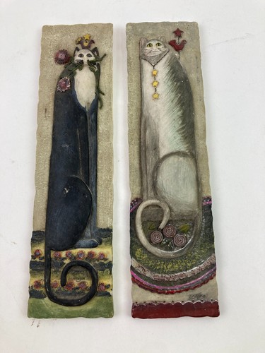 Whimsical Black & Grey Cat Tile Wall Hanging E Smithson Plaques 3D Art Set 