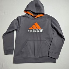 Adidas Hoodie Boys Medium 10/12 Gray Orange ClimaWarm Logo Pullover Sweatshirt