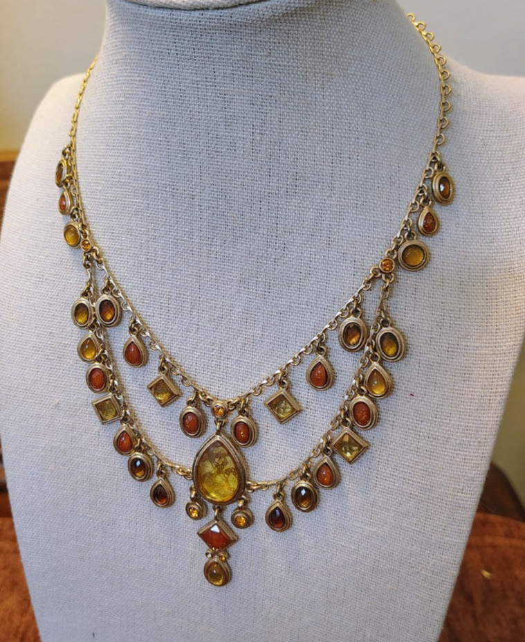 Vtg Signed Statement Bib Choker Necklace Matte Gold Tone Animal Print