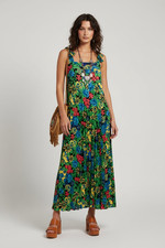 Vtg 60s 70s KIMS Dress Maxi M Psychedelic FLORAL Print Boho KNIFE PLEAT HOSTESS