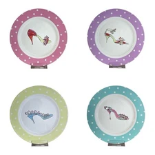 Set 4 Rosanna 8" Dessert Salad Plates Fancy Shoes Polka Dot Border with Box
