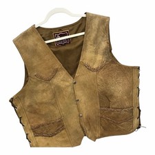 VTG Leather Club Western Motorcycle Vest Braided Trim Pockets Brown Men  s Sz 52