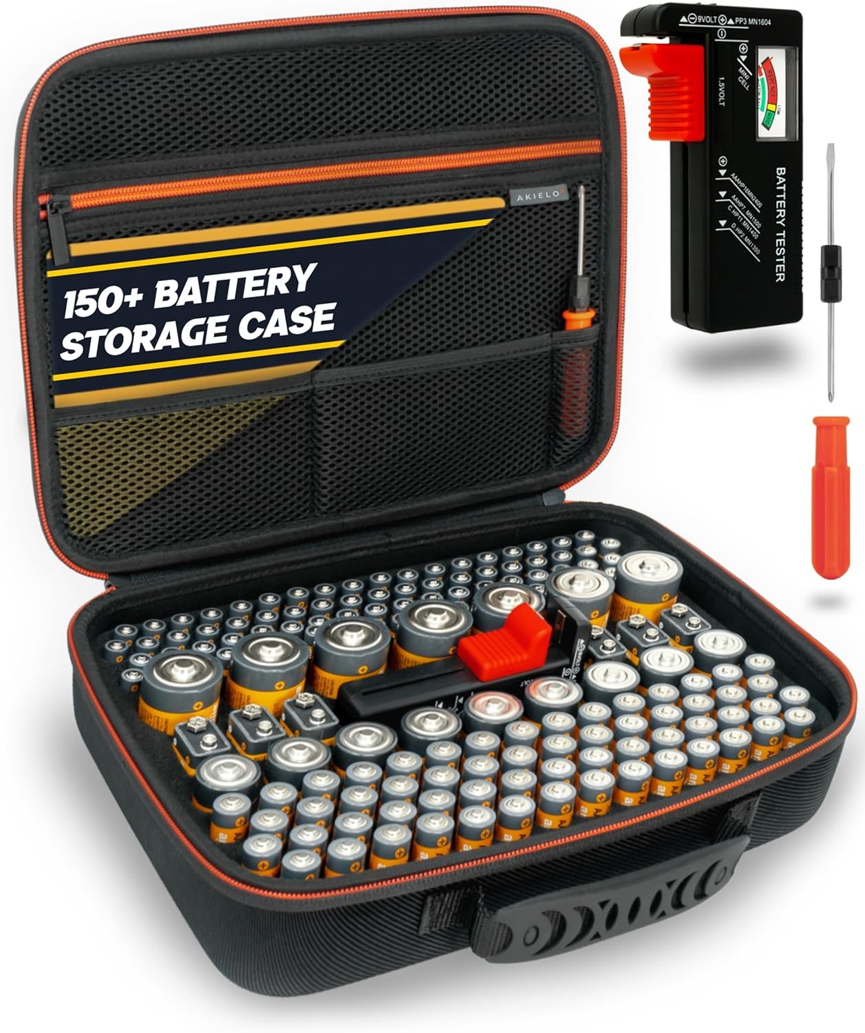 AKIELO+ Battery Storage Case Max Edition Holds 150+ Batteries with Tester and