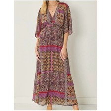 Entro Boho Paisley Patchwork Maxi Dress in Pink and Brown sz M
