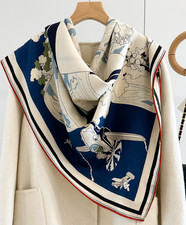 70 Cashmere 30 Silk Scarf Neckerchief Blue horse Print 53'' Shawl Bandana Wrap