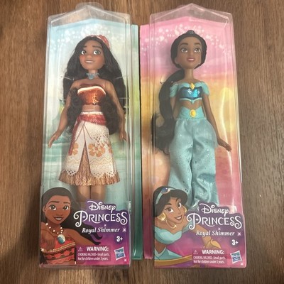 Disney Princess Royal Shimmer Moana & Jasmine Fashion Dolls w/ Accessories 2 LOT