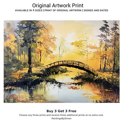Waldbrücke auf mattem Papier | Herbstwald Wandbild | Kaufen Sie 3 erhalten Sie 3 gratis