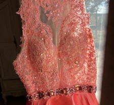 Morilee By Madeline Gardner Sz 0 Coral Dress Coral Lace Rhinestones XXS Sheer