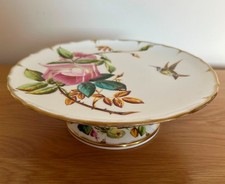 Antique Victorian Comport / Cake Stand. Hand Painted. Floral Motif & Hummingbird