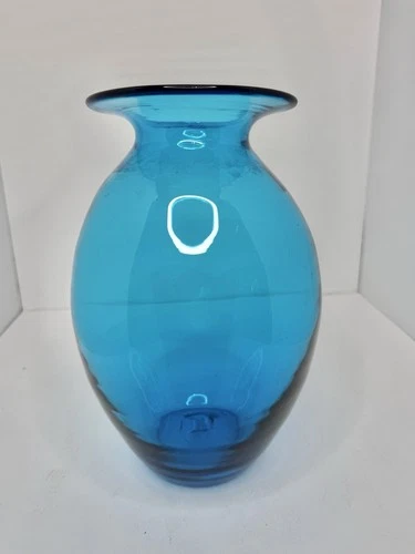 Vintage Blenko Glass 914 Flat Top Vase In Turquoise 10.5”