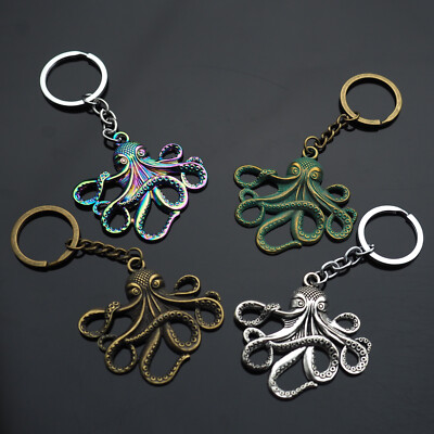 4 Pack - Octopus Keychain Silver Bronze Green Patina Rainbow Neon Key Chains