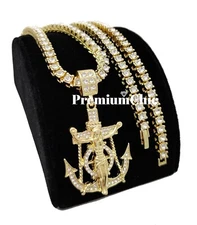 ICED Jesus Anchor & Tennis Chain Choker Gold Plated Mens Hip Hop CZ Necklace