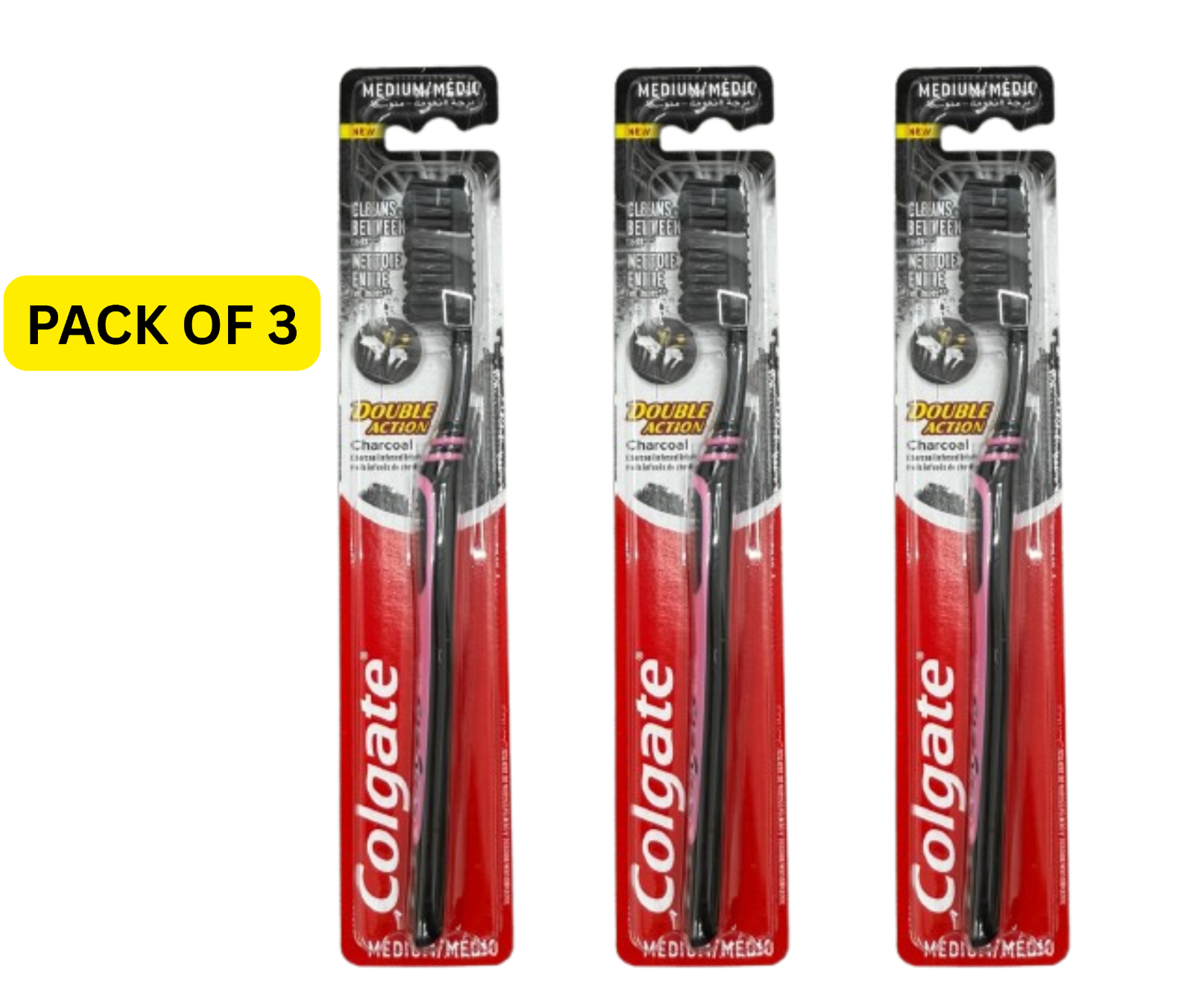 3 Pack Colgate Medium Double Action Charcoal Toothbrush, Black with Pink strip