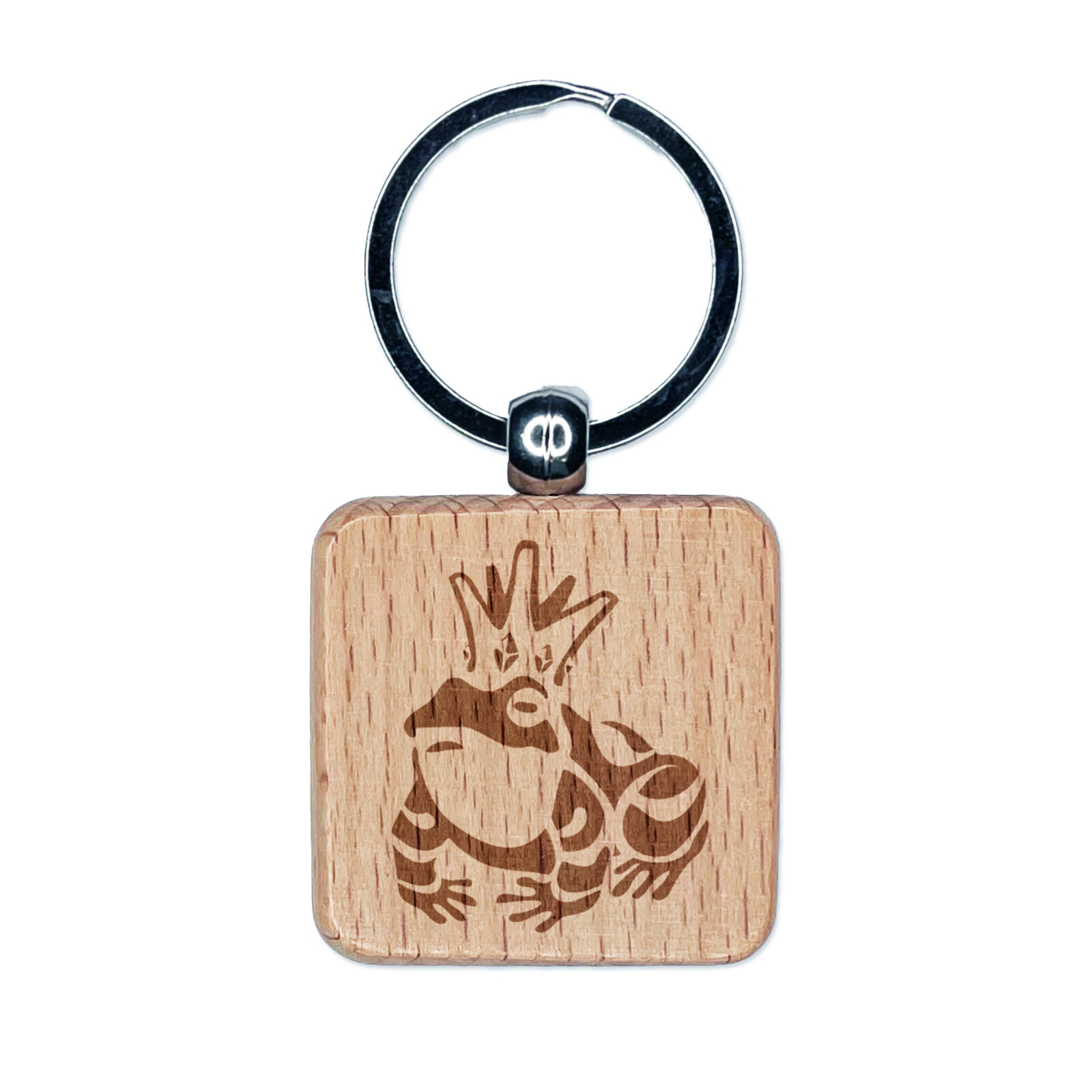 Frog Prince with Crown Engraved Wood Square Keychain Tag Charm