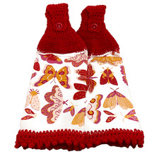 Boho Butterfly Moth Hanging Kitchen Towel Set Crochet Top Red