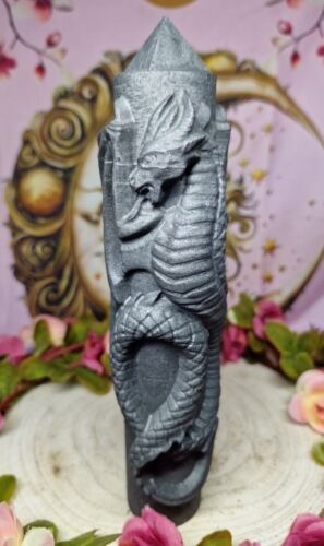 Beautiful Large Dragon Carved Shungite Point Tower 384g 20cm EMF Protection - Picture 1 of 11