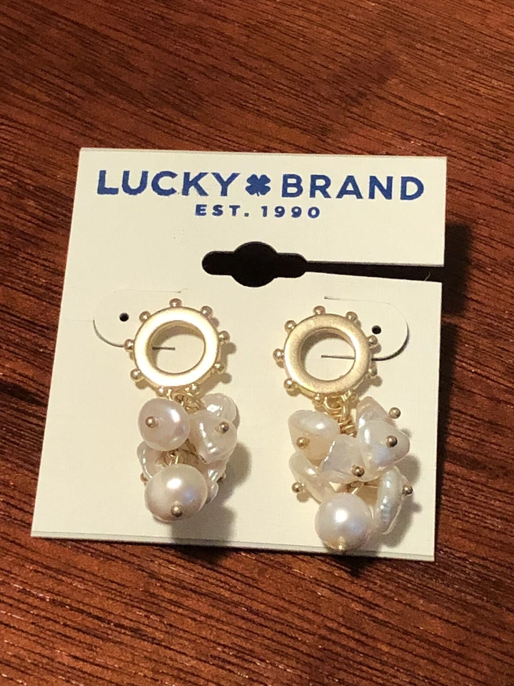 lucky brand gold tone freshwater pearl cluster drop earrings new with tags - Image 3 of 4