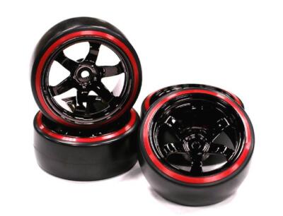 Black 6 Spoke Wheel w/Outer Ring + Drift Tire (4) Set W=26mm Offset 10.5mm