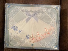 Vintage Set 3 PA Paris Ladies Handkerchiefs Embroidered Pink Blue White - Sealed