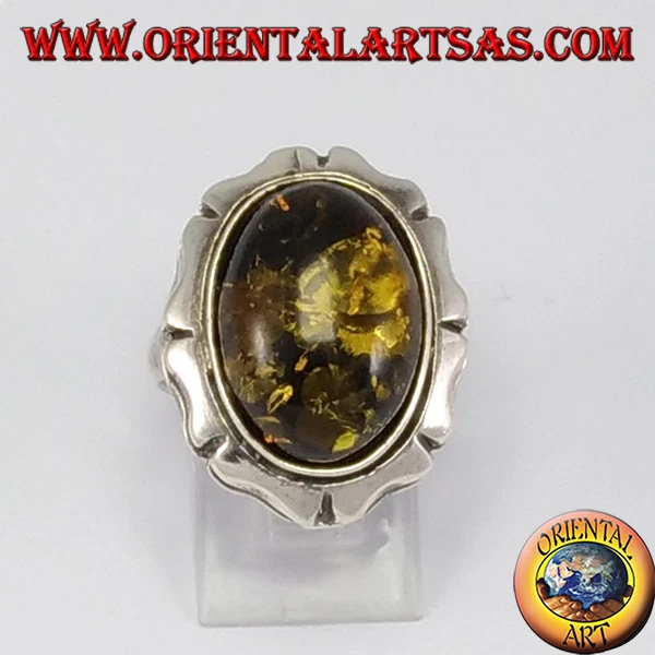 Anneau D'Argent 925‰ Avec Ambre Vert Ovale Grand - Photo 1/1
