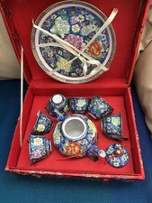 VINTAGE CHINESE MINIATURE TEA SET WITH TRAY HAND PAINTED IN A RED SILK BOX