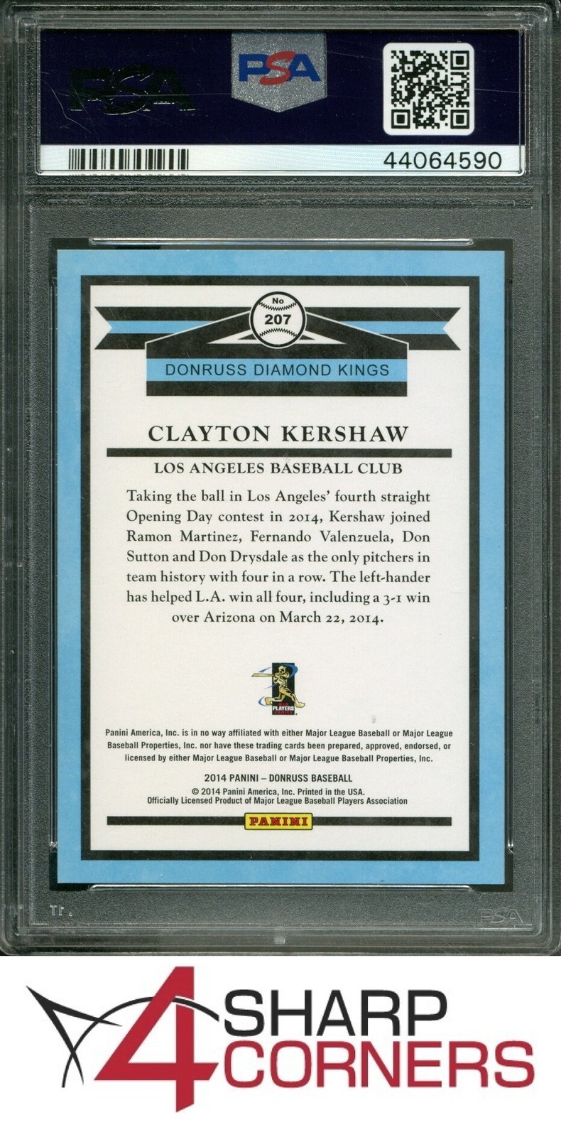 2014 DONRUSS SILVER PRESS PROOF #207 CLAYTON KERSHAW #/199 POP 2 PSA 10 view 2
