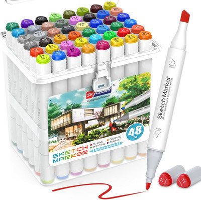 HOMESILMO-48 Color Double Head Alcohol Marker Set, Fine Chisel, Dual Effect Desi