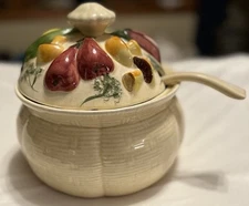 Mid-Century Soup Tureen W/ Lid & Ladle Vegetable Design Eggplant & Mushrooms