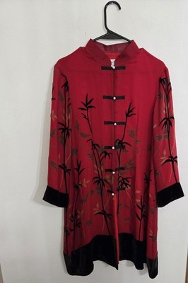 Vintage ANIS.A Women's Asian Inspired Red Jacket Silk Blend Velvet Trim Sz L