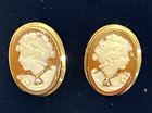 Vintage 14K Yellow Gold Oval Shell Cameo Pierced Earrings with Diamond Accents — photo 1