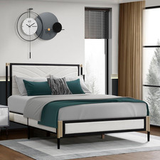 Stylish  Full Bed with White Boucle Headboard and Champagne Frame