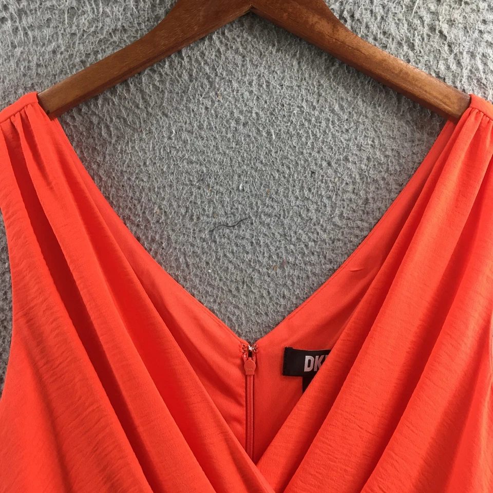 DKNY Sleeveless Tie Front Asymmetrical Faux Wrap Dress Women 16 Orange Casual - Image 3 of 4