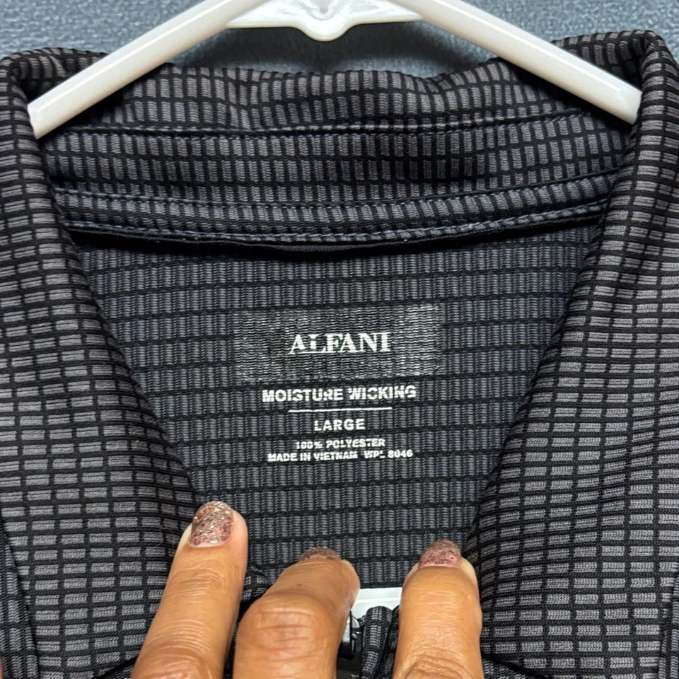 Alfani Men’s Polo Shirt Large Black Gray Grid Pattern Zip Moisture Wicking - Image 2 of 4