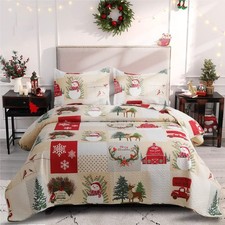 Christmas Plaid Snowman Quilt Set King Size 96 x 108 Inches. Reindeer Cardi...