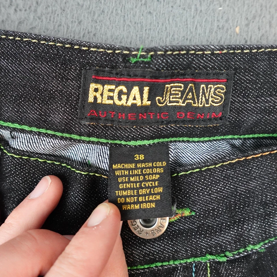 Pantalones Cortos Regal Jeans Para Hombre 38 Negros Denim Mapa del Mundo Bolsillos Costuras Rasta Foto 3 de 4