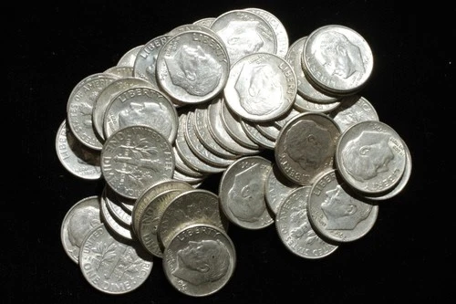 Lot of 50 Roosevelt Dimes Mostly 1964  All AU-BU    90% Silver